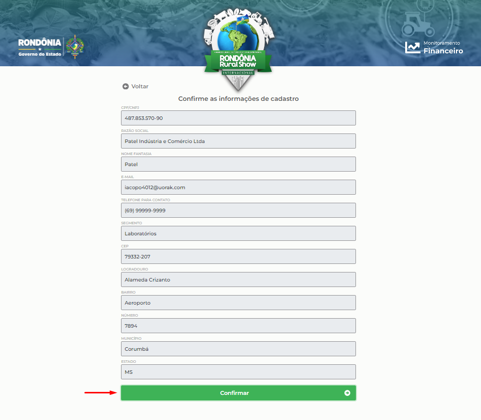 Página de confirmação de informações