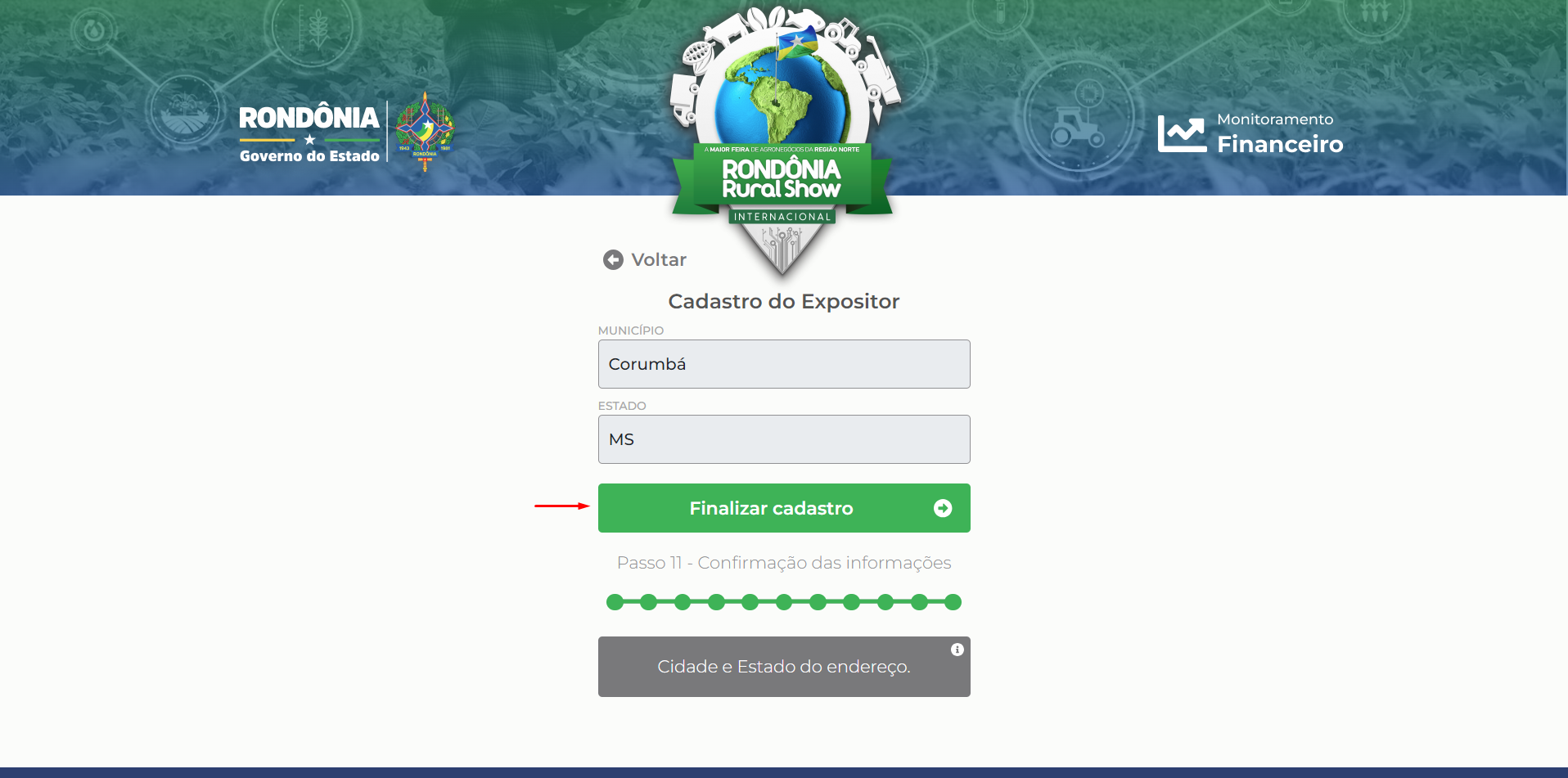 Página para finalizar cadastro
