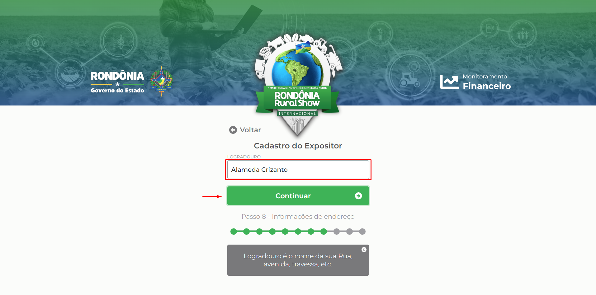 Campo para informar o logradouro