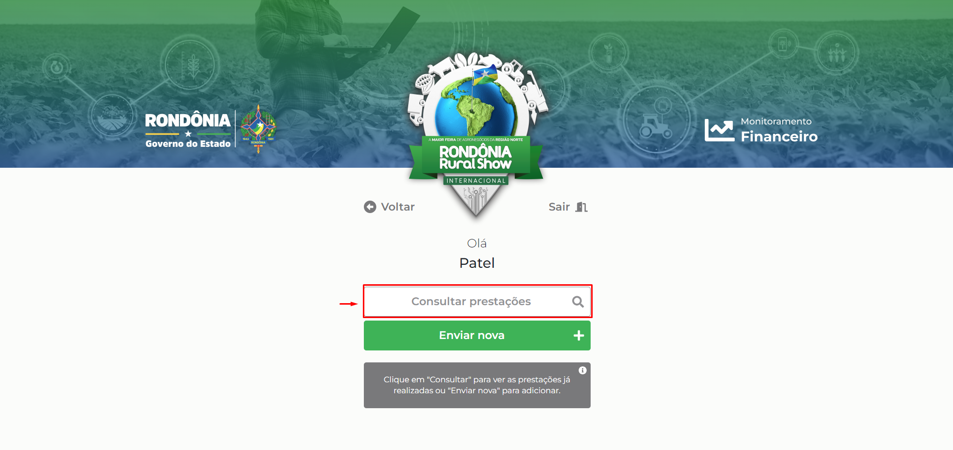 Página com o botão de consulta prestações