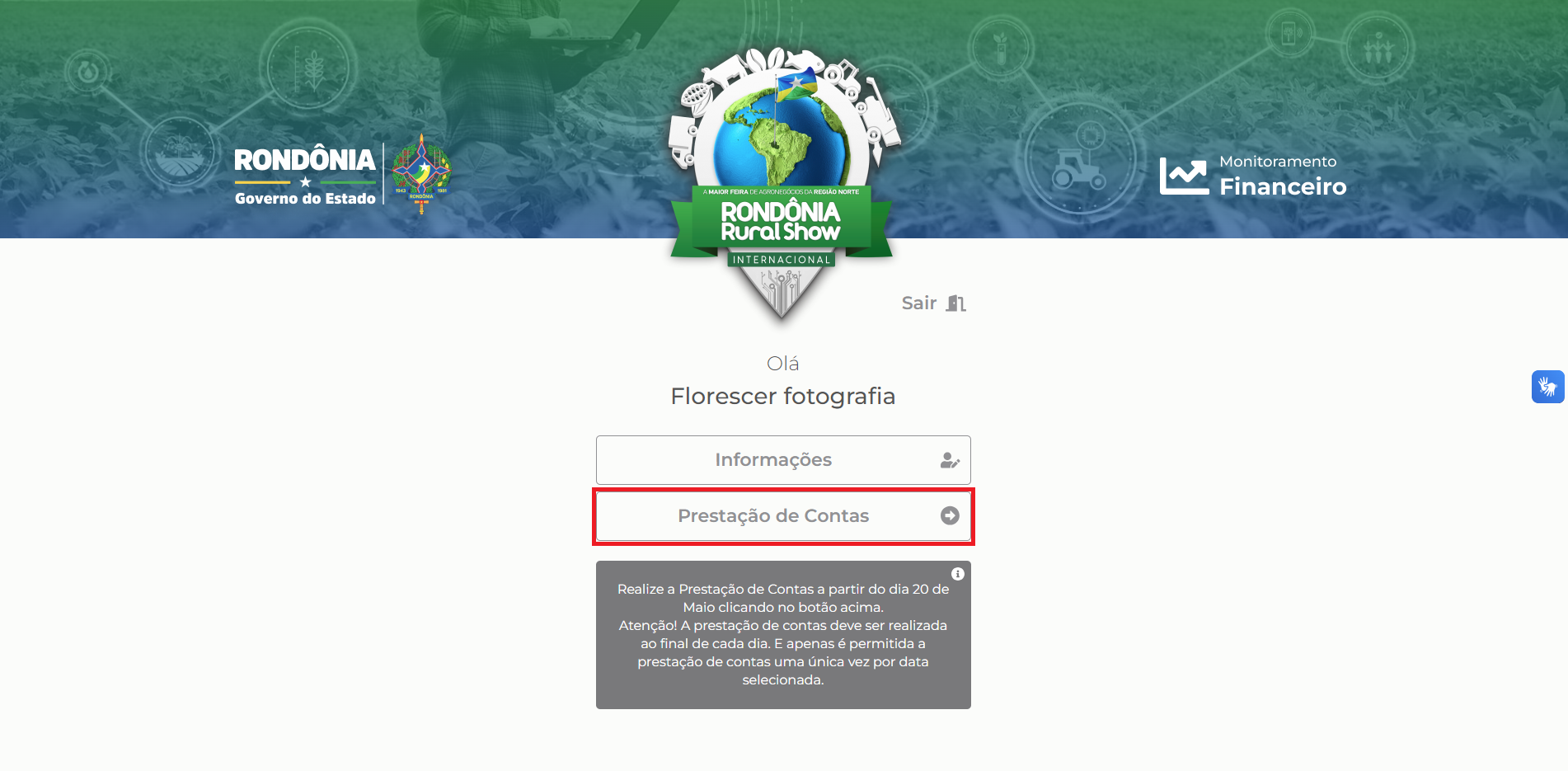 Botão de realizar 1° prestação