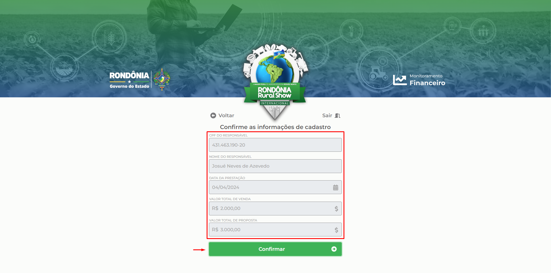 Exibição de informações e botão de confirmar