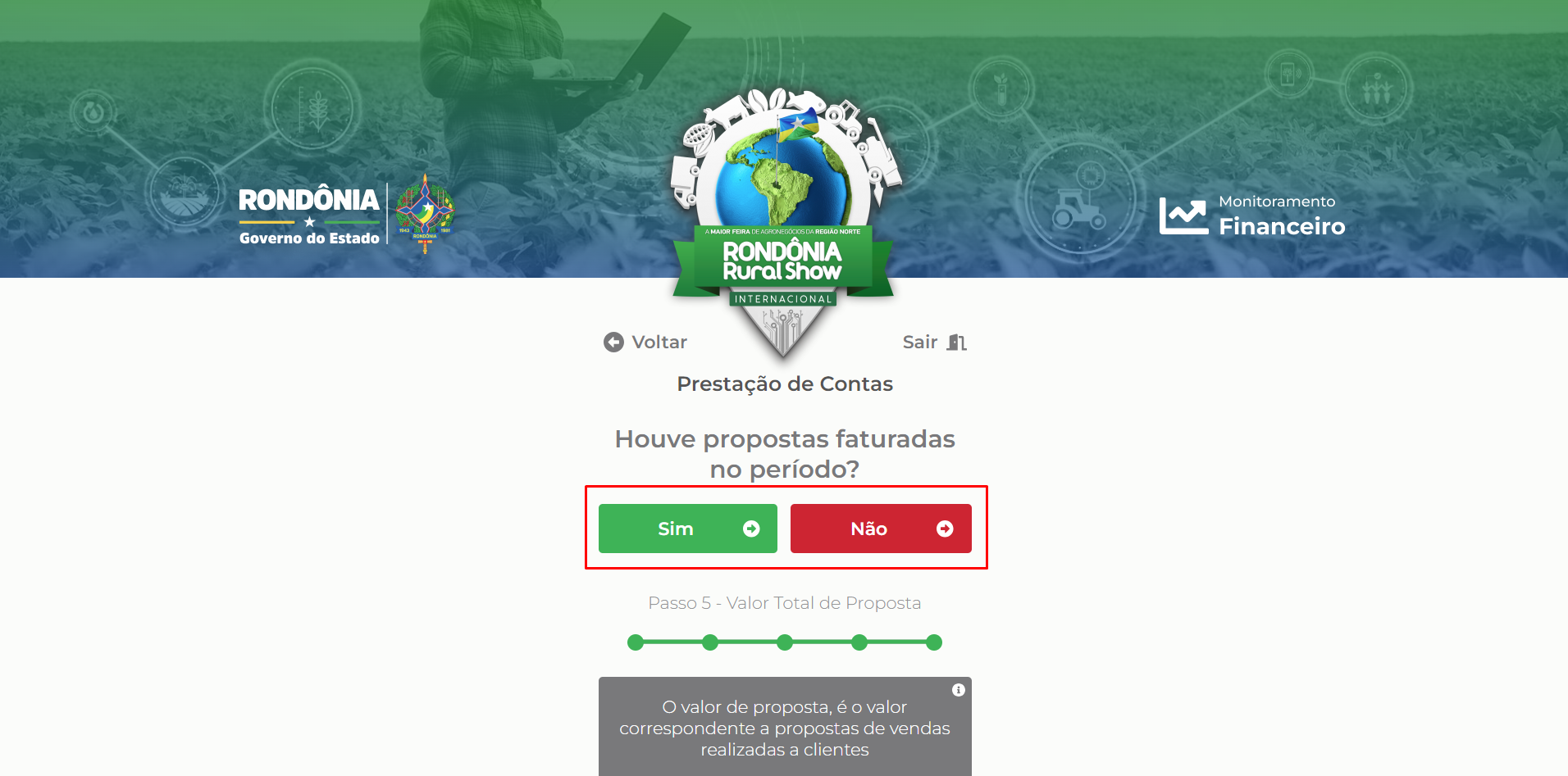 Botões de sim e não para propostas faturadas