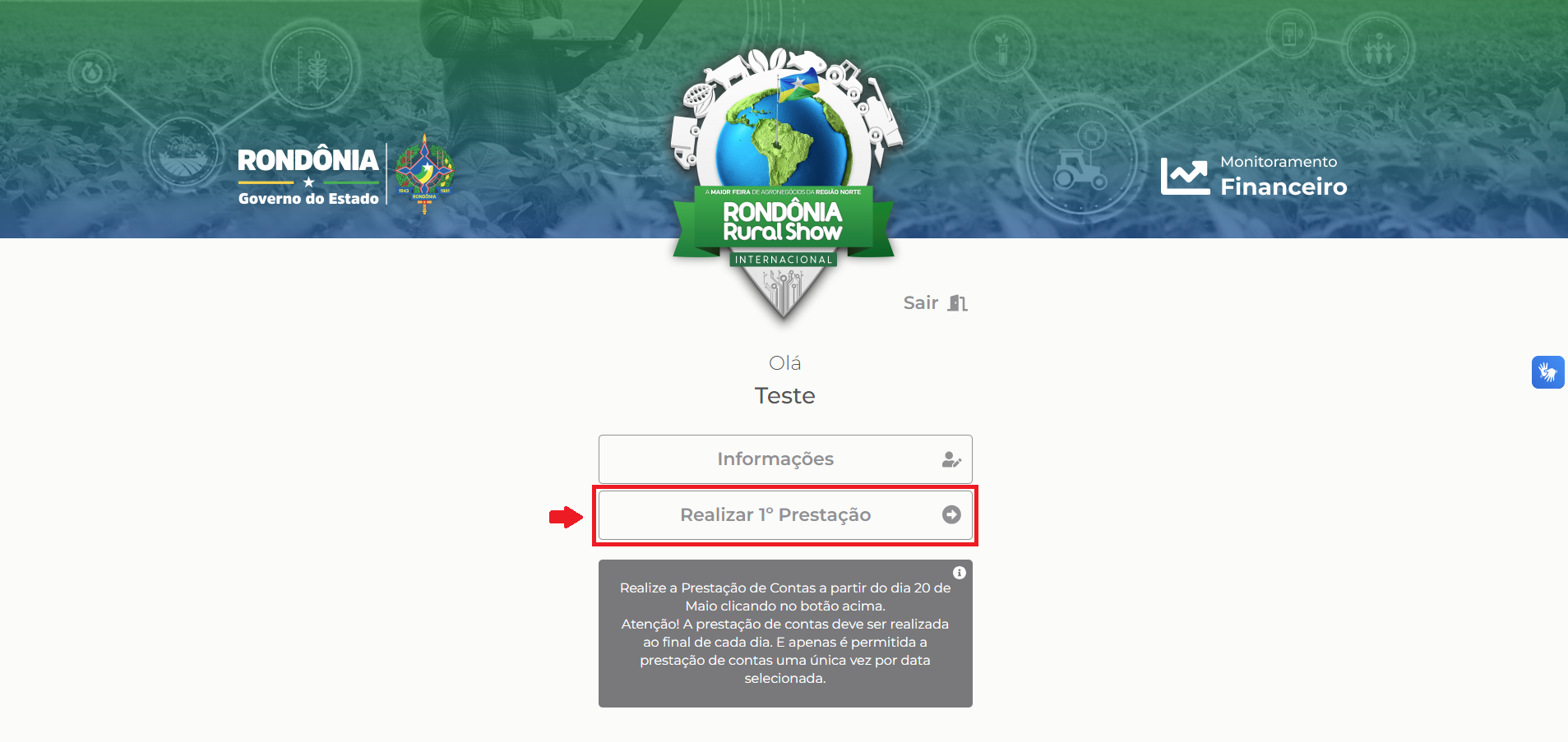 Botão de realizar 1° prestação